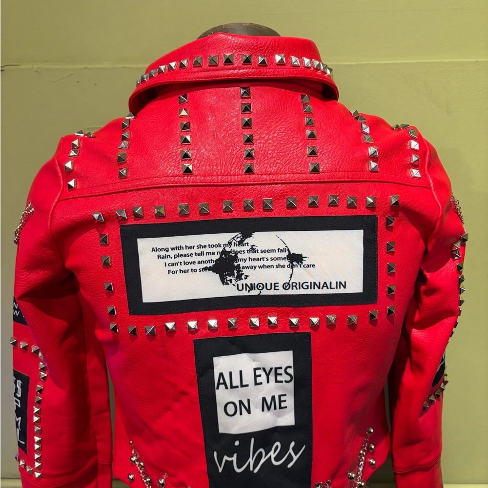 Robert Phillipe women Red Studded Biker Jacket with Patches vegan leather - Picture 2 of 5